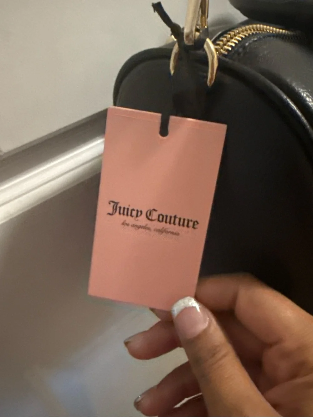 Juicy Couture Black Faux Leather Satchel with Gold Charm Chain